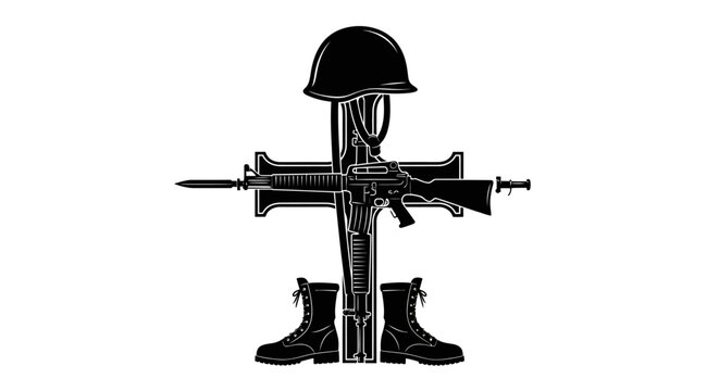 Military rifle and gear in cross shape with black white illustration rifle boots bayonet arranged rifle helmet equipment weapon combat army with war