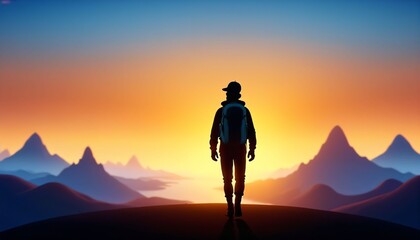 Obraz premium Solo Traveler Facing Sunrise Above Mountain Horizon