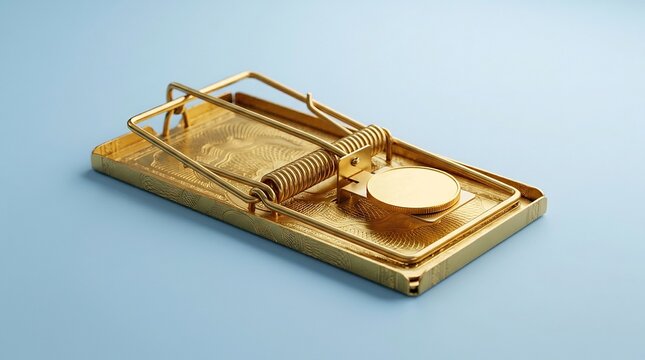 Luxurious golden metallic mousetrap with ornate engravings on a light blue background conceptual 3D render