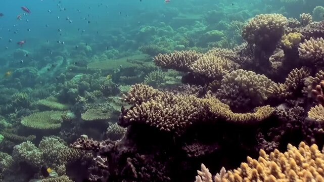 Dive into an azure spectacle, where a thriving coral reef hosts an array of shimmering fish. Delicate organisms and lively swimmers coexist in this pristine daytime aquatic habitat.