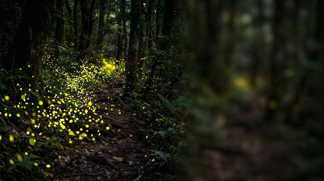 Glowing fireflies illuminating a dark forest path at night with bokeh