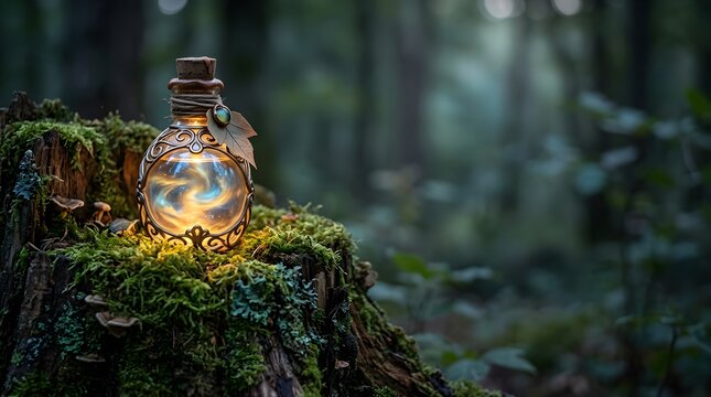 Glowing magic potion bottle resting on a mossy tree stump in a forest