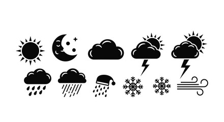 Weather icons for forecasting with white background including displays collection black including sun moon moon cloud rain meteorology lightning © Asim