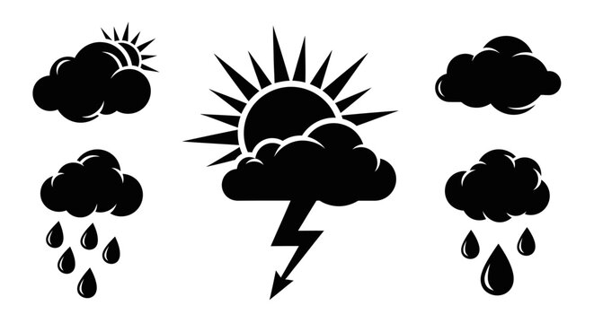Weather icons with sun clouds rain with black white weather icons with set black lightning with including, forecast, symbols