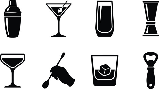 Cocktail Bar Tools and Drinkware Silhouette Icons Set Featuring Shaker Glasses Jigger Stirrer and Bottle Opener
