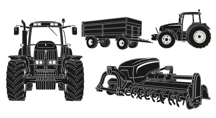 Tractor with black line illustrations tractors farming equipment white background line art agriculture cultivating harvesting machinery with transport © Asim