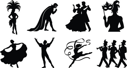 Carnival Performance and Dance Silhouette Collection Featuring Masquerade Ballroom Dancers Musicians Acrobat and Festival Entertainers © Sirajul