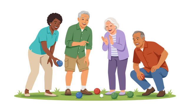 Multi-ethnic senior adults playing bocce ball on green grass; flat vector illustration of active elderly people socializing and exercising together on a white background.