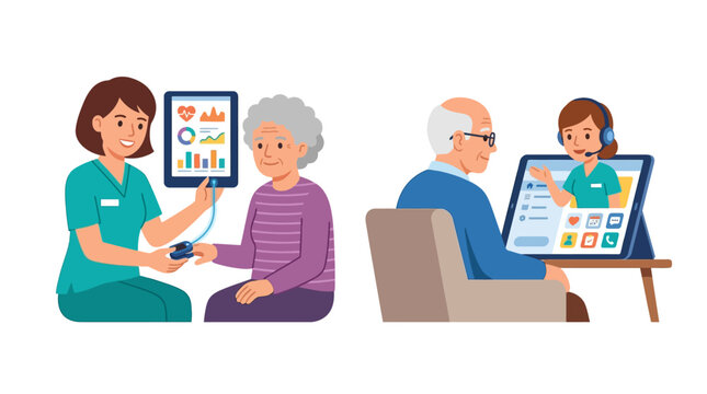 Senior care vector illustration featuring a home health aide monitoring an elderly woman's oxygen levels with a pulse oximeter and a man having a remote telehealth consultation with a nurse.