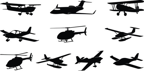 Aircraft Silhouette Collection Featuring Airplanes Helicopters Seaplanes Business Jets and Aviation Vehicles Isolated Vector Set © Sirajul