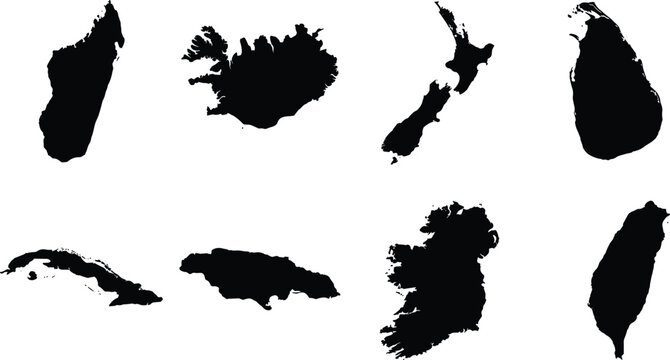 Black Silhouette Maps of Island Countries Collection Featuring Madagascar Iceland New Zealand Sri Lanka Cuba Jamaica Ireland and Taiwan
