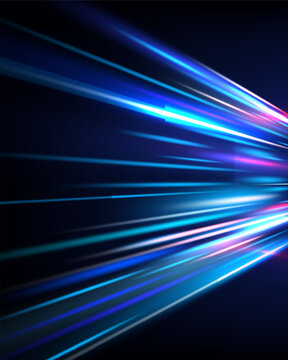 Blue and pink light streaks rushing horizontally against dark background, powerful sense of speed and high tech motion digital artwork