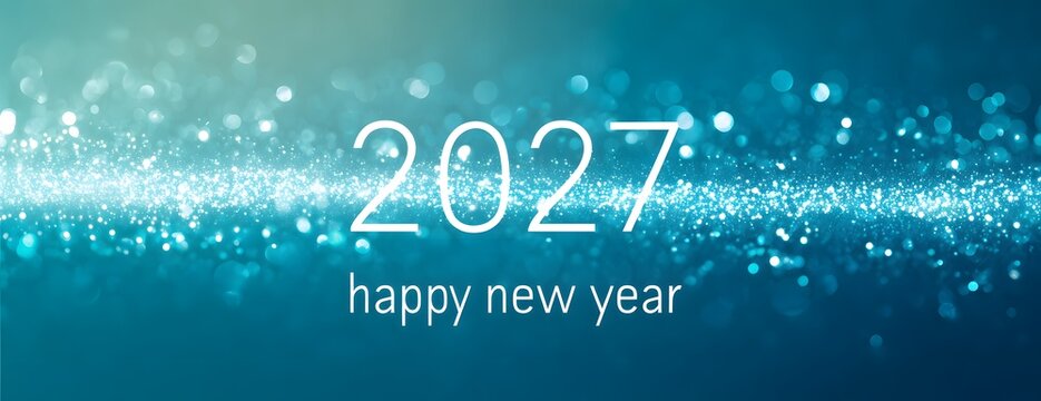 Horizontallayout f&uuml;r Neujahrsbanner 2027 mit festlichem Bokeh und funkelnden Partikeln auf blauem Hintergrund