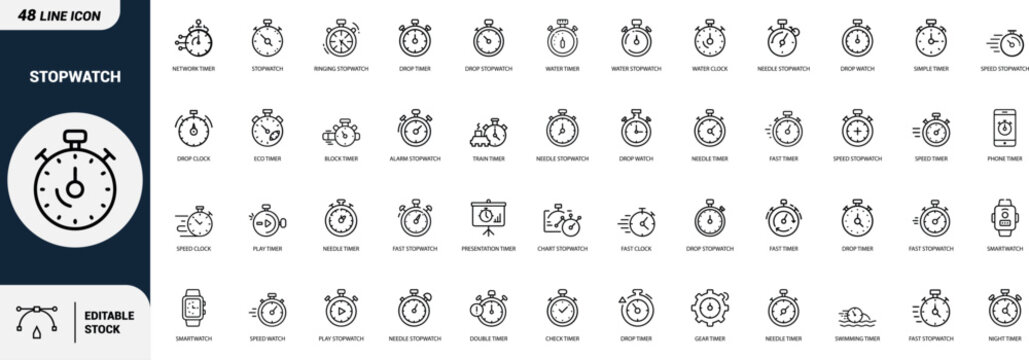 Stopwatch line art icons set network timer, ringing stopwatch, drop timer, water timer, speed stopwatch, phone timer, smartwatch, play timer Web icon App icon Outline icon Editable stroke, line art, V