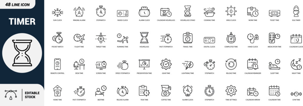 Timer line art icons set stopwatch, alarm clock, hourglass, cooking time, egg timer, digital clock, pocket watch, flight time Web icon App icon Outline icon Editable stroke, line art, Vector EPS
