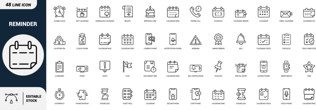 Reminder line art icons set alarm clock, gift calendar, bell, notification phone, checklist, task completed, schedule, calendar grid Web icon App icon Outline icon Editable stroke, line art, Vector EP