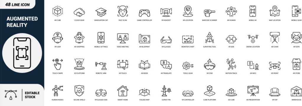 Augmented reality line art icons set ar cube, vr headset, face scan, game controller, ar location, barcode scanner, mobile ar, vr glasses Web icon App icon Outline icon Editable stroke, line art, Vect