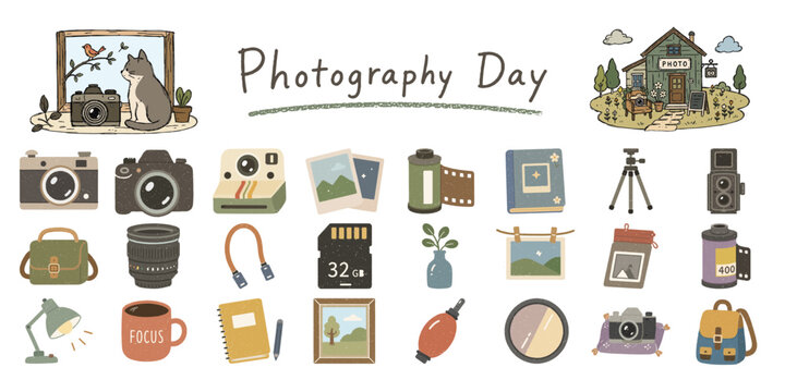 写真の日、カメラと撮影アイテムのイラストセット／Photography Day, Camera, Photography Equipment, Illustration Set
