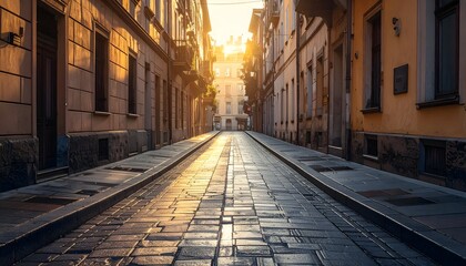 Obraz premium Calle estrecha de adoquines entre edificios históricos iluminada por la luz dorada del atardecer