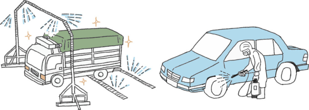畜産農場の車両消毒イラストセット（自動ゲートでのトラック消毒と手動噴霧器での普通車消毒・防疫バイオセキュリティ・ベクター素材）