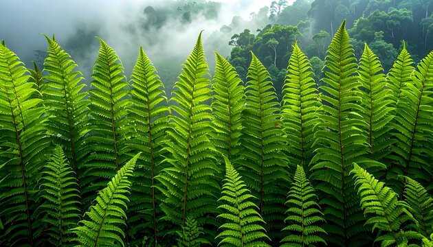 Frondas de helecho verde formando un patr&oacute;n natural en un bosque h&uacute;medo con niebla al fondo