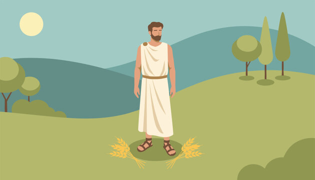Roman or greek farmer in a simple white toga standing in a grassy mountain landscape near harvested wheat.