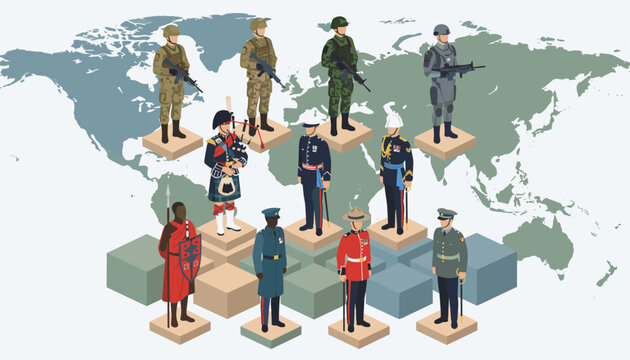 Compilation of different historical and modern military and parade uniforms from around the world over a map.