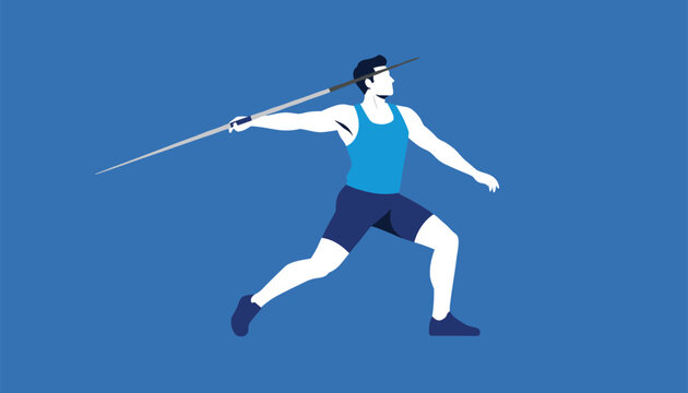 Male athlete prepared to throw a javelin during a track and field sports competition over a solid blue backdrop.