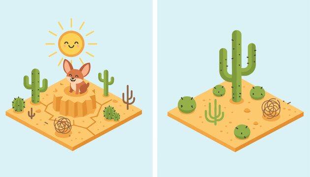 Adorable fennec fox sitting in a sunny desert landscape next to cacti in a charming pixel isometric style.