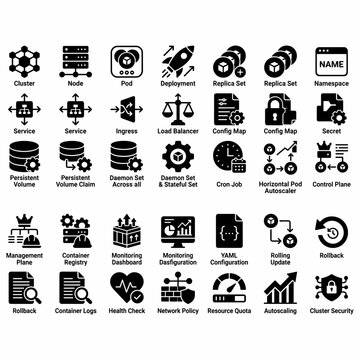 Comprehensive set of black and white icons representing Kubernetes components and cloud-native orchestration concepts for modern software development.