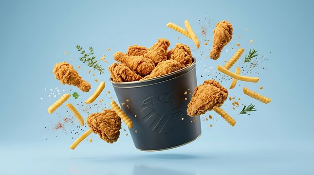 Dynamic Composition of Crispy Fried Chicken and French Fries Flying Around a Black Bucket on Light Blue Background