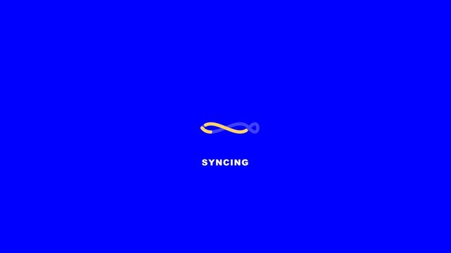 Syncing loading animation featuring a rotating yellow and blue infinity loop symbol against a vibrant solid electric blue video background