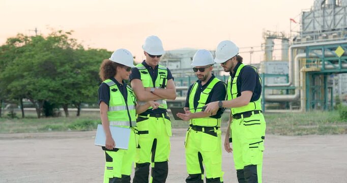Refinery field engineer explains inspection report beside technician and supervisor reviewing tablet near pipeline, coordinating hazard assessment, maintenance planning, safety audit onsite.