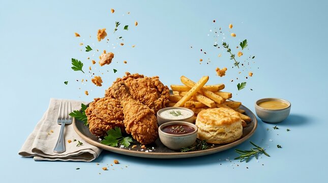 Crispy Fried Chicken Meal with Golden French Fries, Biscuit, and Dipping Sauces on a Blue Background with Floating Herbs