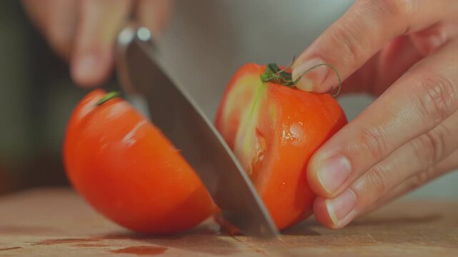 Fresh tomato being sliced with kitchen knife on wooden cutting board, healthy food preparation concept.