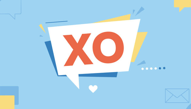 Minimalist speech bubble design containing the letters xo symbolizing hugs and kisses on a soft blue background.