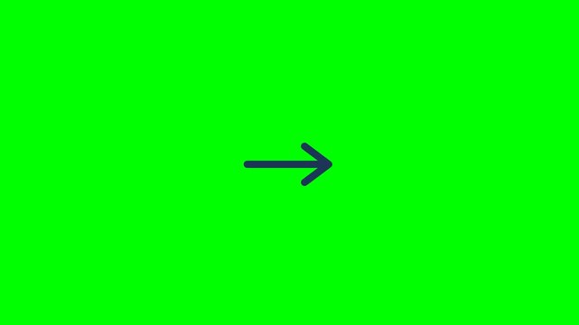 Minimalist dark blue arrow icon points right in this simple digital motion animation isolated against a vibrant green screen background