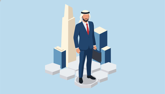 Arab businessman wearing formal suit and traditional shemagh headwear standing near skyscraper buildings.