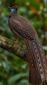 Peacock pheasant perching on a mossy branch in a lush tropical forest environment capturing natural motion in this high quality wildlife video clip showcasing vibrant blue plumage and intricate spotte