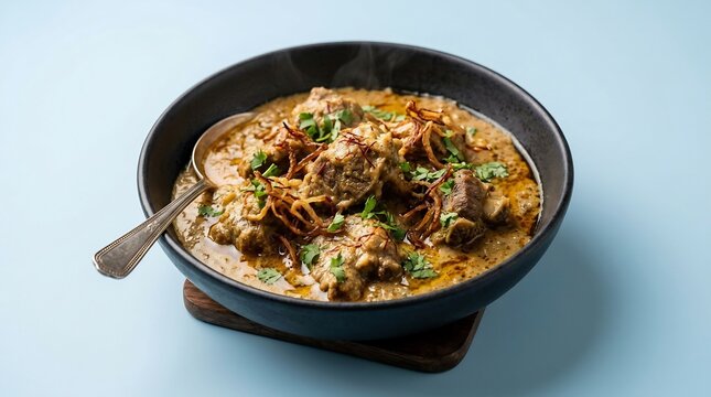 Creamy Mutton Korma Meat Curry with Fried Onions and Fresh Cilantro in a Black Bowl