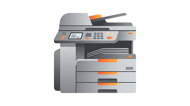 A flat of a gray and orange office multifunction printer, scanner, and copier machine on a white background