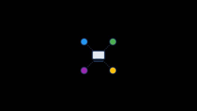 Central computer icon connecting to four vibrant data points in this minimalist digital motion graphic animation for modern technology projects