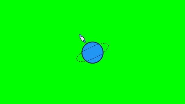 Blue planet sphere with an orbiting satellite motion clip featuring smooth circular rotation and clean minimalist vector animation style graphics