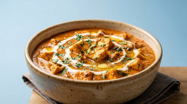 Creamy Paneer Butter Masala in a Ceramic Bowl Garnished with Fresh Cilantro and Cream Swirls on Wooden Table