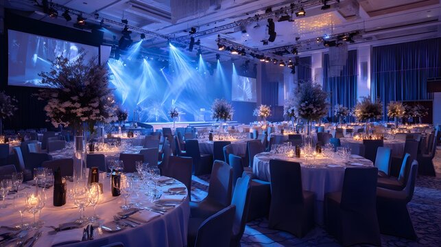 Elegant ballroom event with stage lighting and table settings.