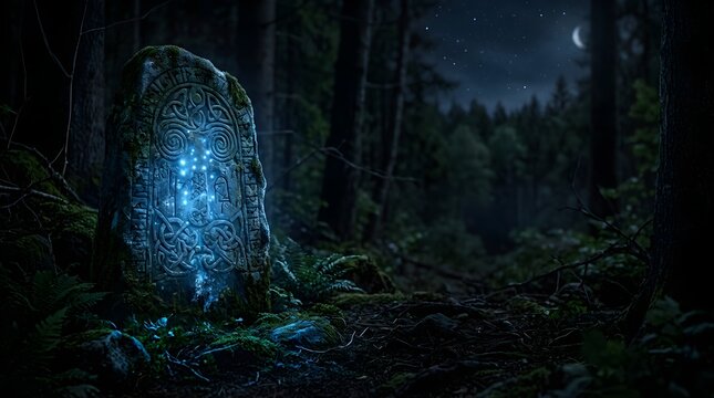 Glowing ancient runestone standing in a dark mystical forest at night