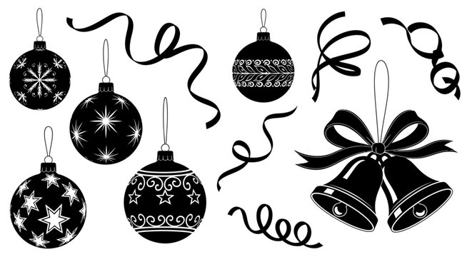 Black with collection black white christmas ornaments bells adorned ribbons illustration decorations snowflakes patterns seasonal elements with holiday
