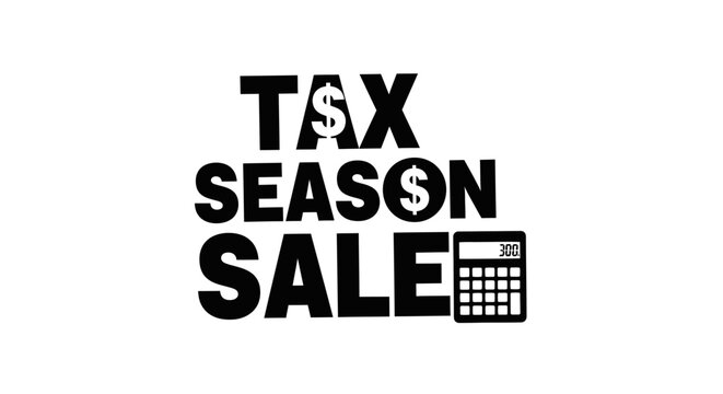 Tax season sale advertisement with calculator with calculator white background dollar signs calculator black text tax promotion discount with shopping