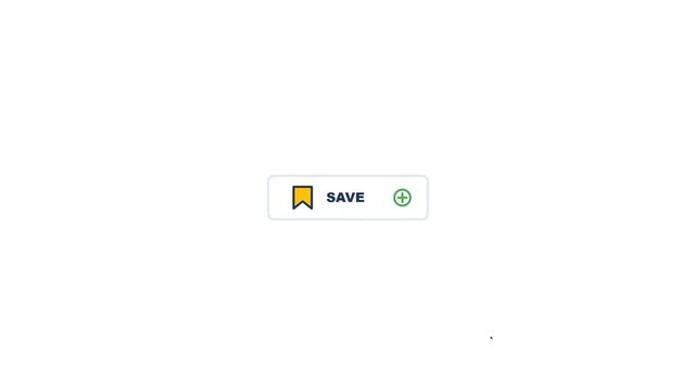 Save button interface element featuring a yellow bookmark icon and green plus symbol in this clean digital motion graphic animation