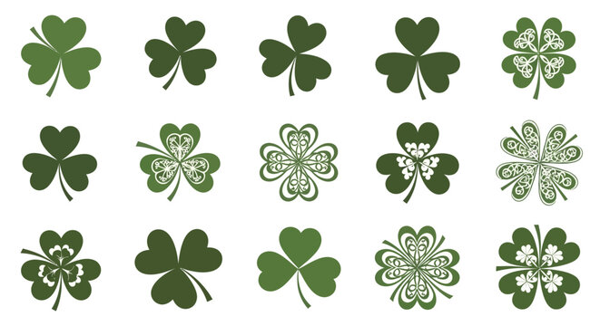Collection of green shamrock illustrations on white background with illustrations various designs st patricks day graphic pattern clover with symbol